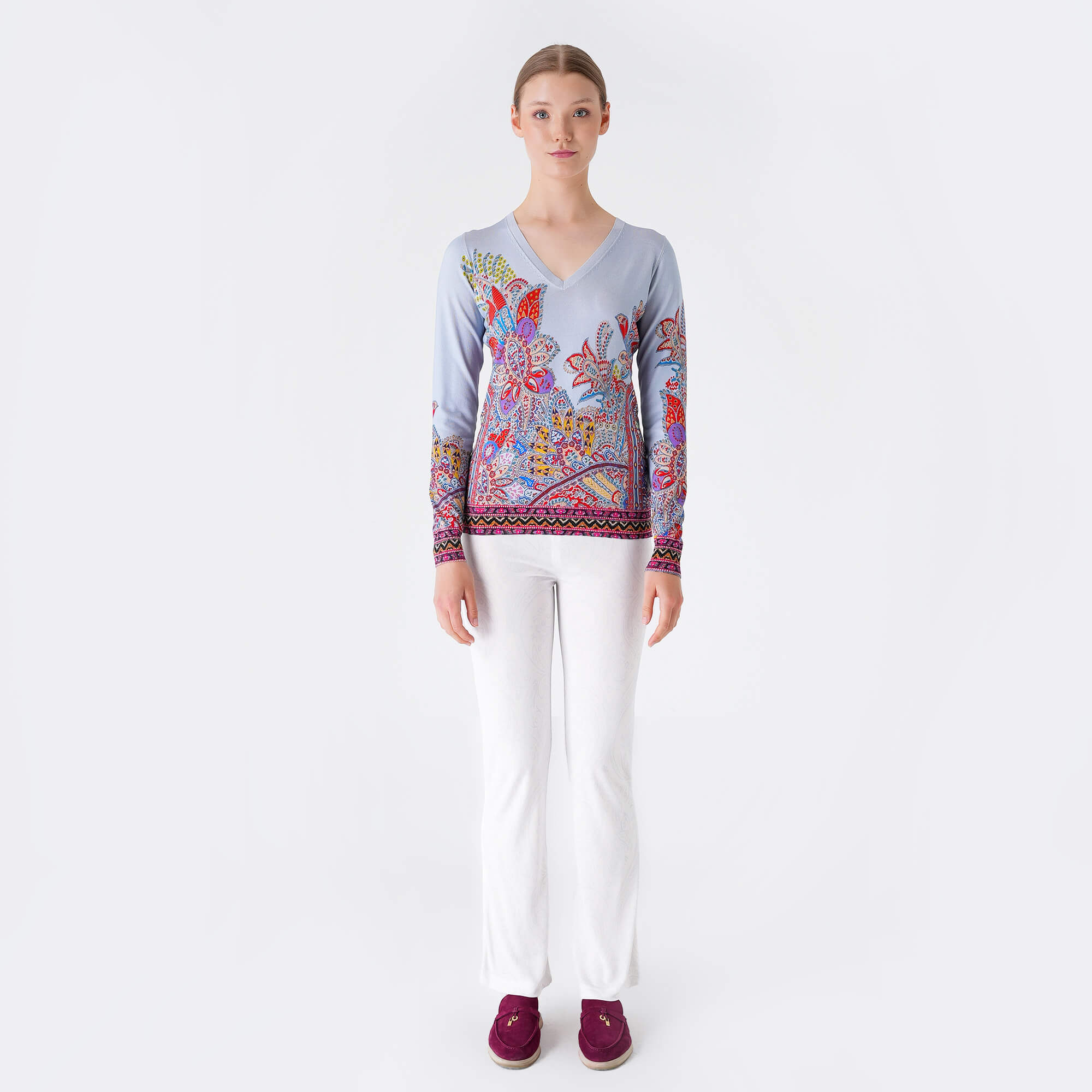 Etro - Blue Paisley Thin V Neck Sweater